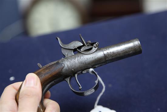 A pair of early 19th century boxlock percussion cap pistols, 6in.